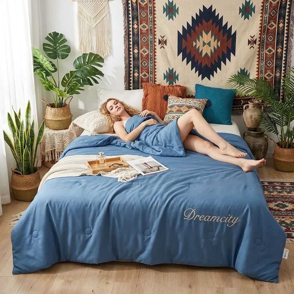 2/3PC Elegant Plume Embroidery Summer Bedding Set Multiple Sizes Decorative Lightweight Quilt Set Wrinkle Resistant Comfortable Bed Linen for Bedroom Guest Room Home Decoration
