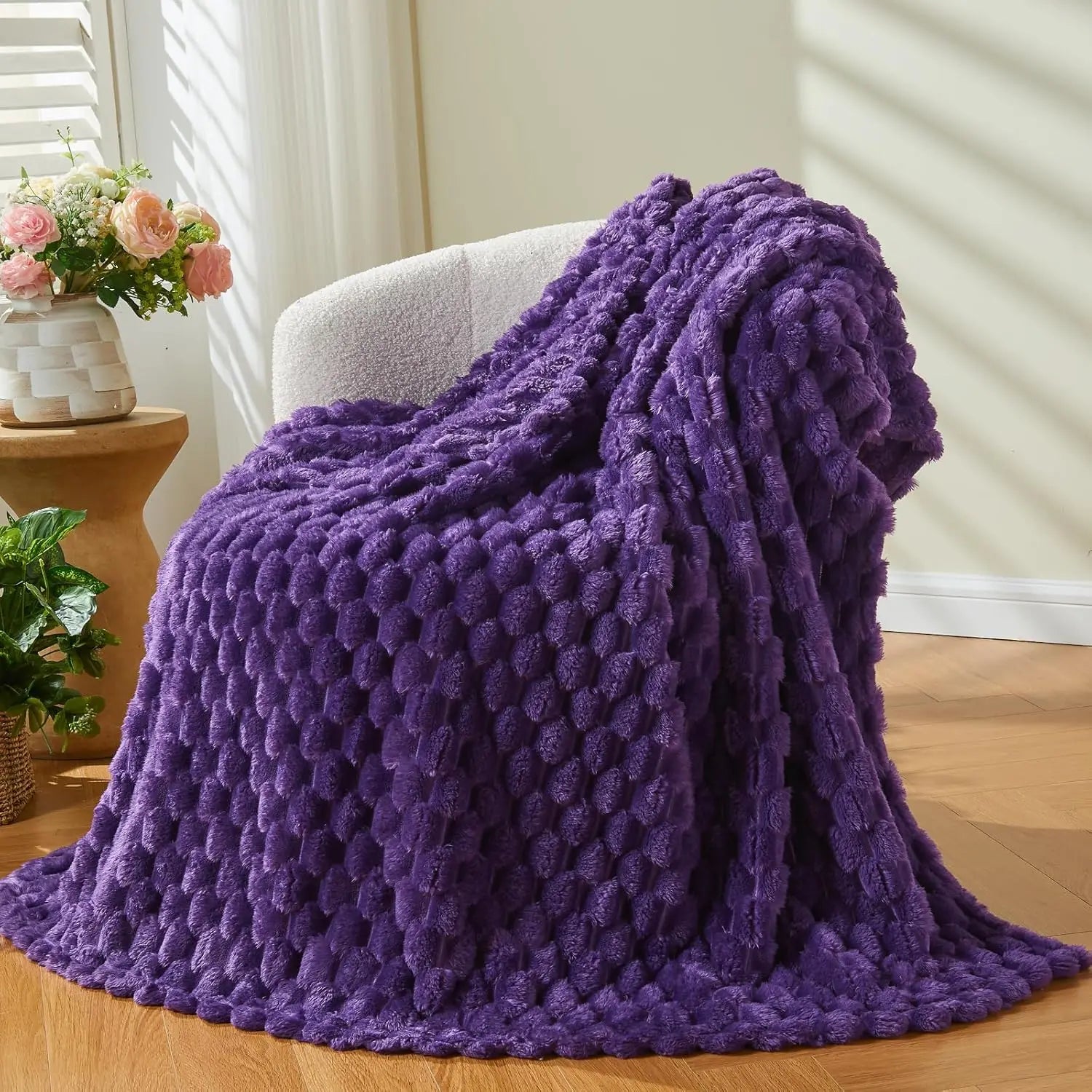 Super Soft Throw Blanket Pink Premium Silky Flannel Fleece 3D Ribbed Jacquard Lightweight Bed Blanket All Season Use (Pink Ribbe