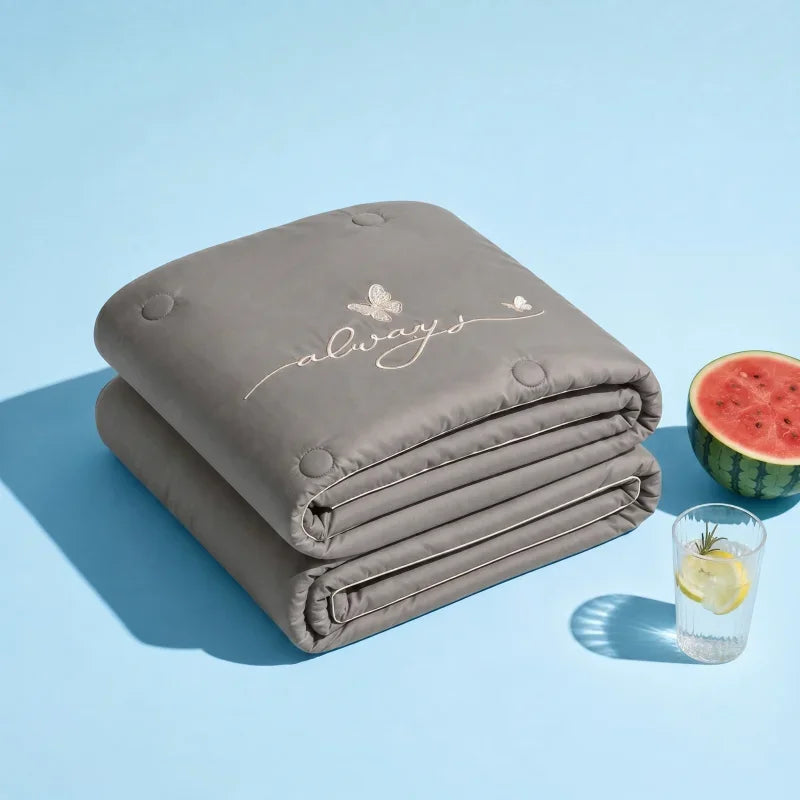 Lightweight Summer Quilt, 100% Polyester Fabric, Microfiber Filling With Embroidery Decoration, Breathable Bed Comforter