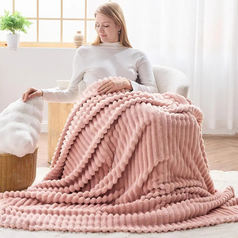 Super Soft Throw Blanket Pink Premium Silky Flannel Fleece 3D Ribbed Jacquard Lightweight Bed Blanket All Season Use (Pink Ribbe