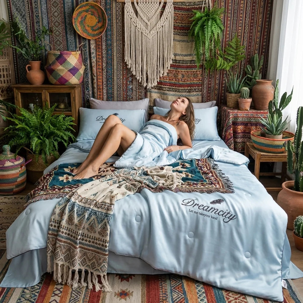 2/3PC Elegant Plume Embroidery Summer Bedding Set Multiple Sizes Decorative Lightweight Quilt Set Wrinkle Resistant Comfortable Bed Linen for Bedroom Guest Room Home Decoration